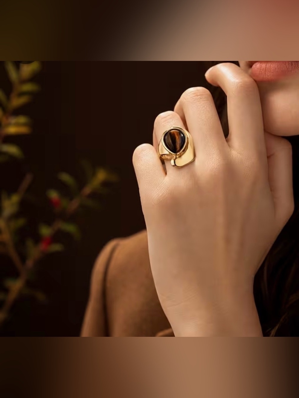Gold Tone Women's Statement Ring with Brown Tiger Eye Cabochon